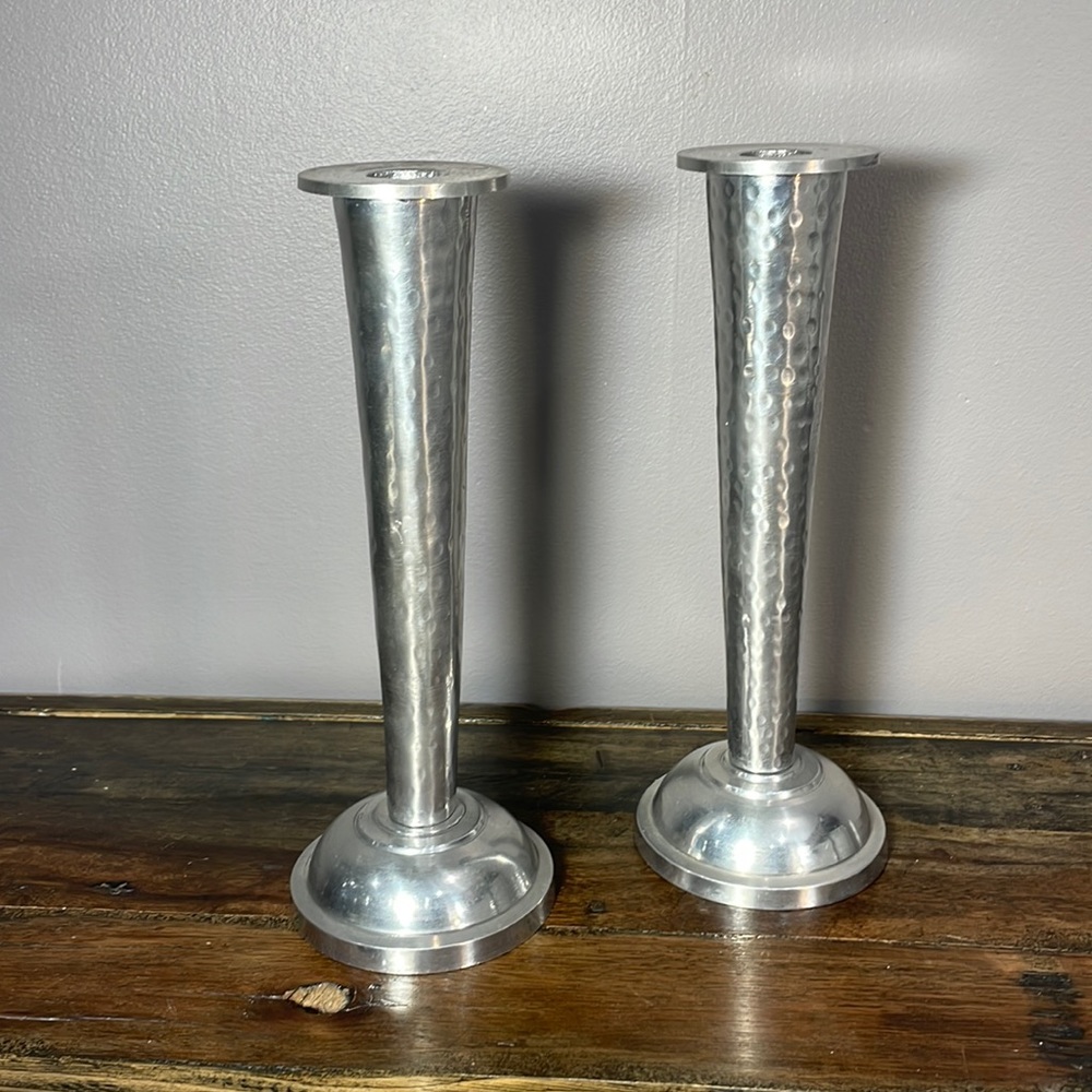 Heavy hammered 10” metal candle holders - pair